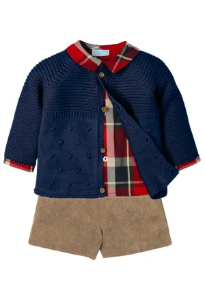 "Louie" Navy Knit Cardigan, Tartan Shirt & Cord Shorts