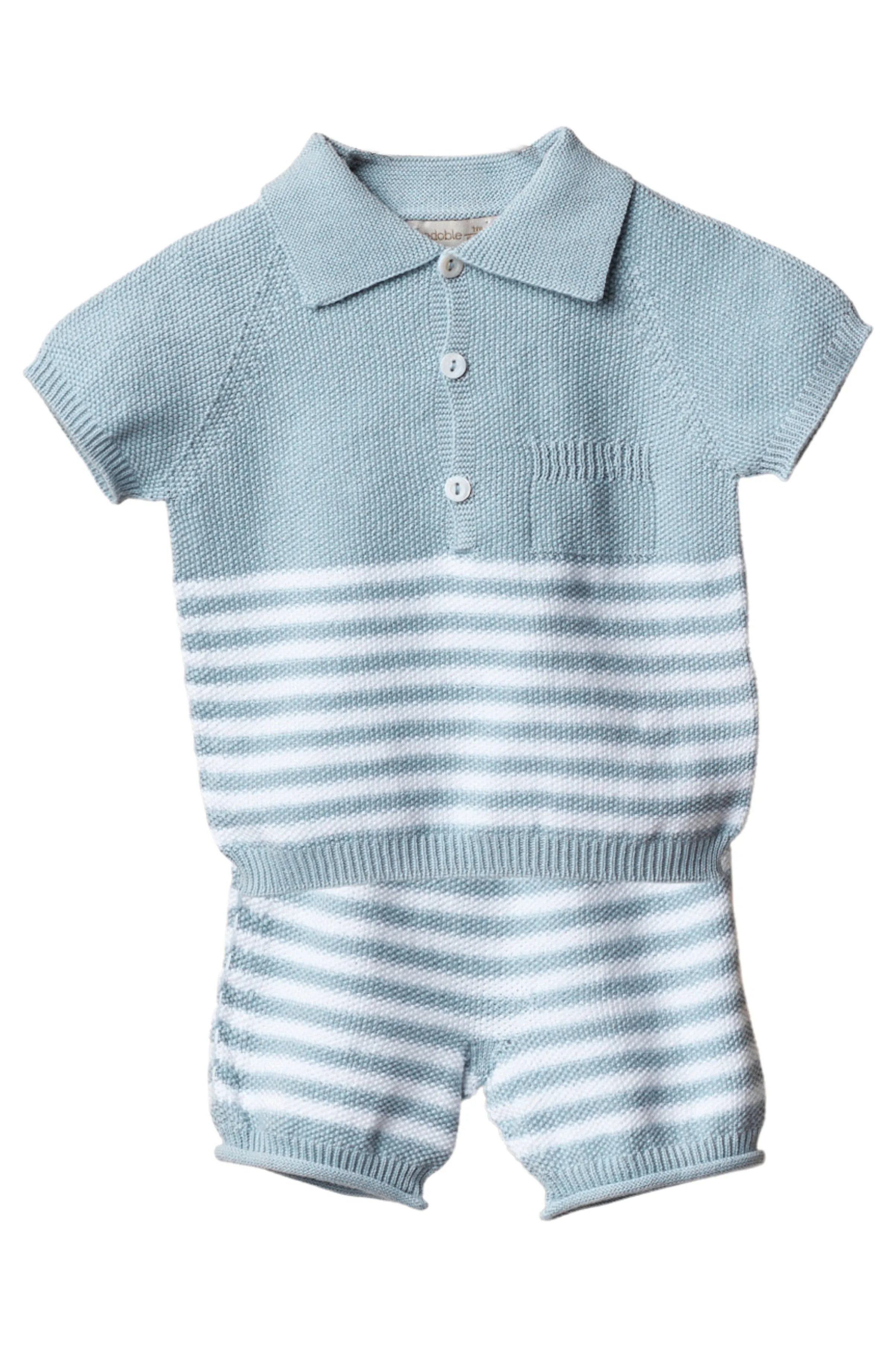 "Zachary" Soft Blue Striped Knitted Polo Shirt & Shorts