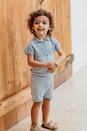 "Zachary" Soft Blue Striped Knitted Polo Shirt & Shorts