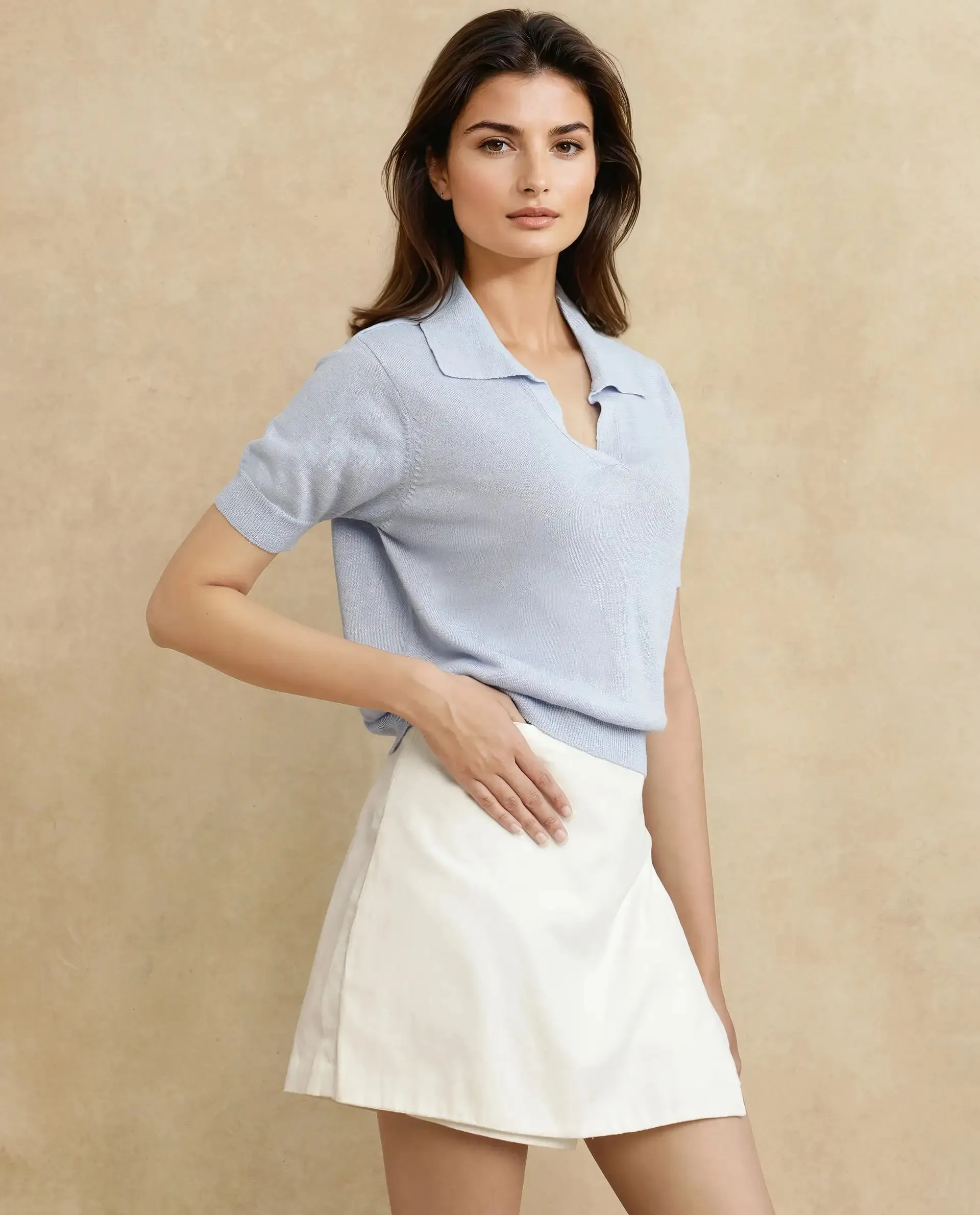 Rareism Women Basel Light Blue Cotton Linen Fabric Short Sleeve Polo Collar Plain Polo