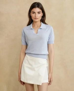 Rareism Women Basel Light Blue Cotton Linen Fabric Short Sleeve Polo Collar Plain Polo