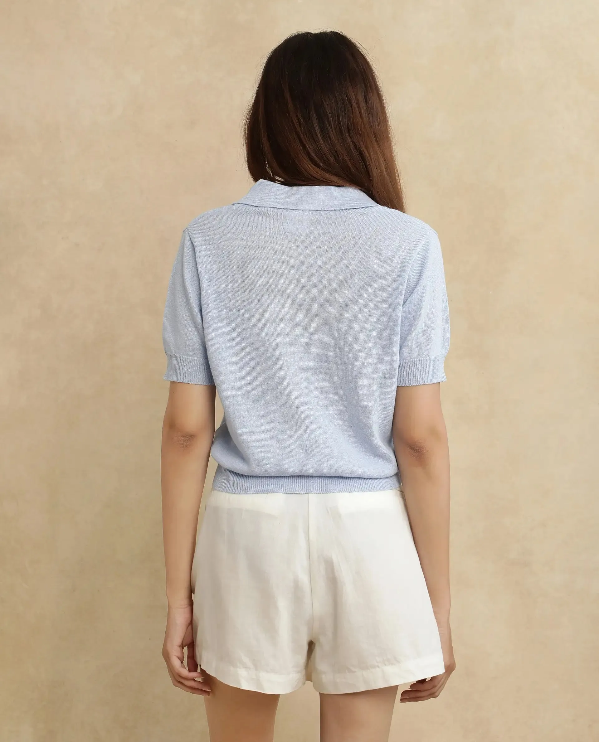 Rareism Women Basel Light Blue Cotton Linen Fabric Short Sleeve Polo Collar Plain Polo