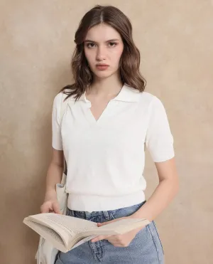 Rareism Women Basel Off White Cotton Linen Fabric Short Sleeve Polo Collar Plain Polo