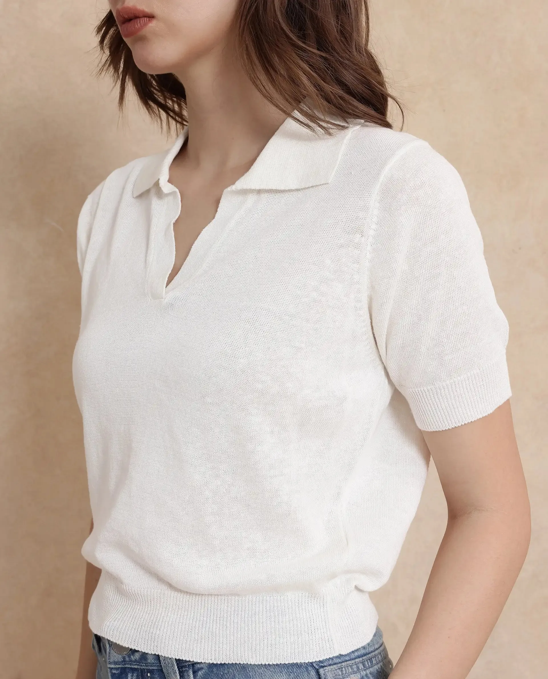 Rareism Women Basel Off White Cotton Linen Fabric Short Sleeve Polo Collar Plain Polo