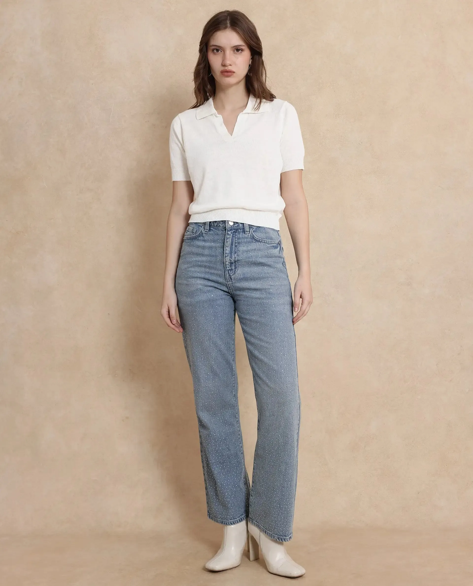 Rareism Women Basel Off White Cotton Linen Fabric Short Sleeve Polo Collar Plain Polo