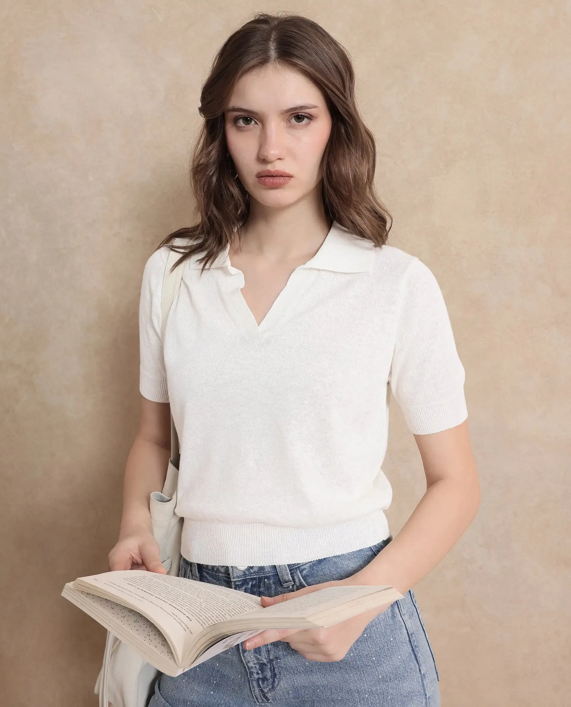 Rareism Women Basel Off White Cotton Linen Fabric Short Sleeve Polo Collar Plain Polo