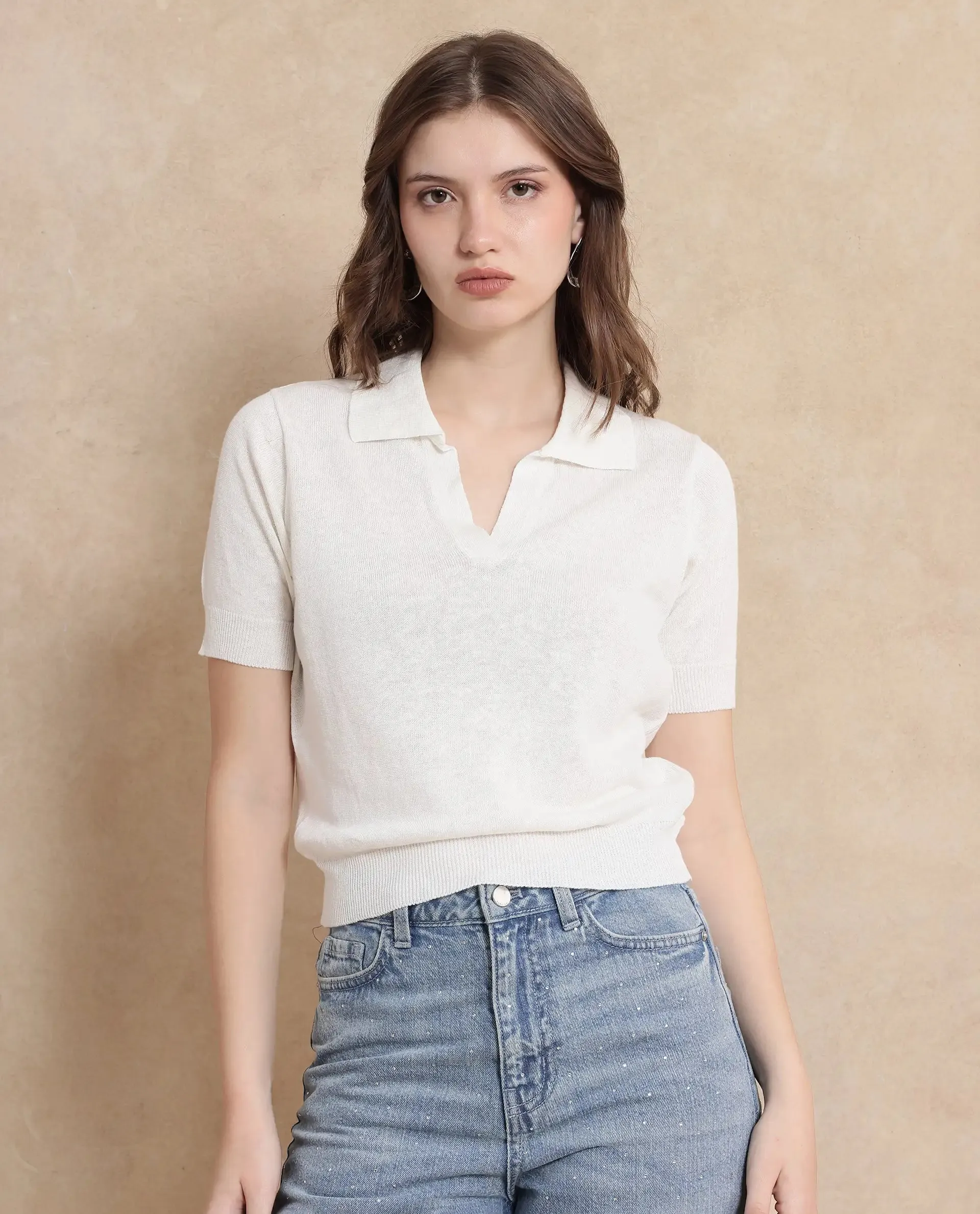 Rareism Women Basel Off White Cotton Linen Fabric Short Sleeve Polo Collar Plain Polo