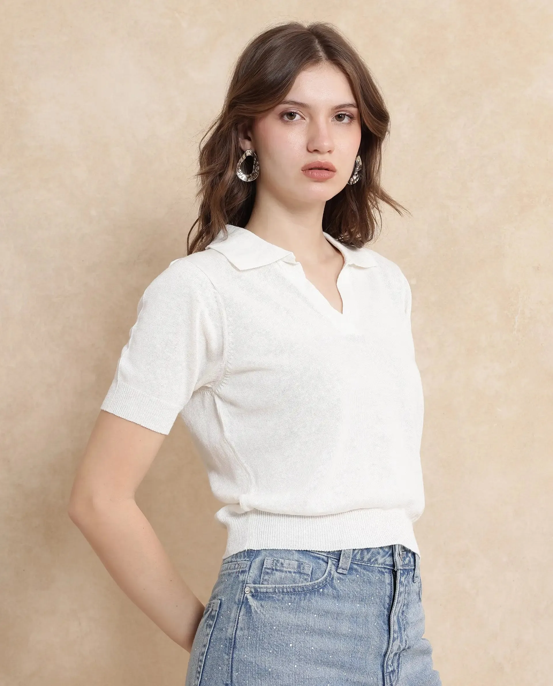Rareism Women Basel Off White Cotton Linen Fabric Short Sleeve Polo Collar Plain Polo