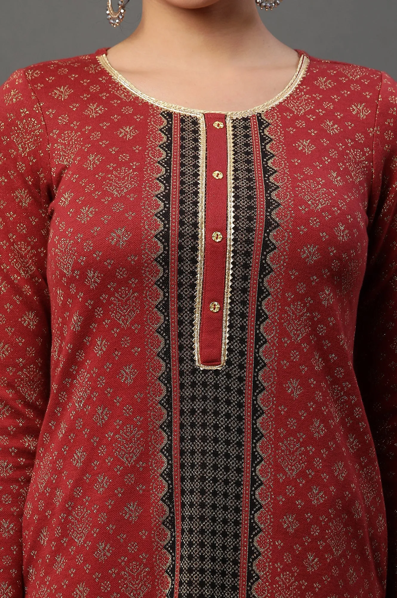 Red Floral Printed Jacquard Winter Kurta and Narrow Palazzo Set