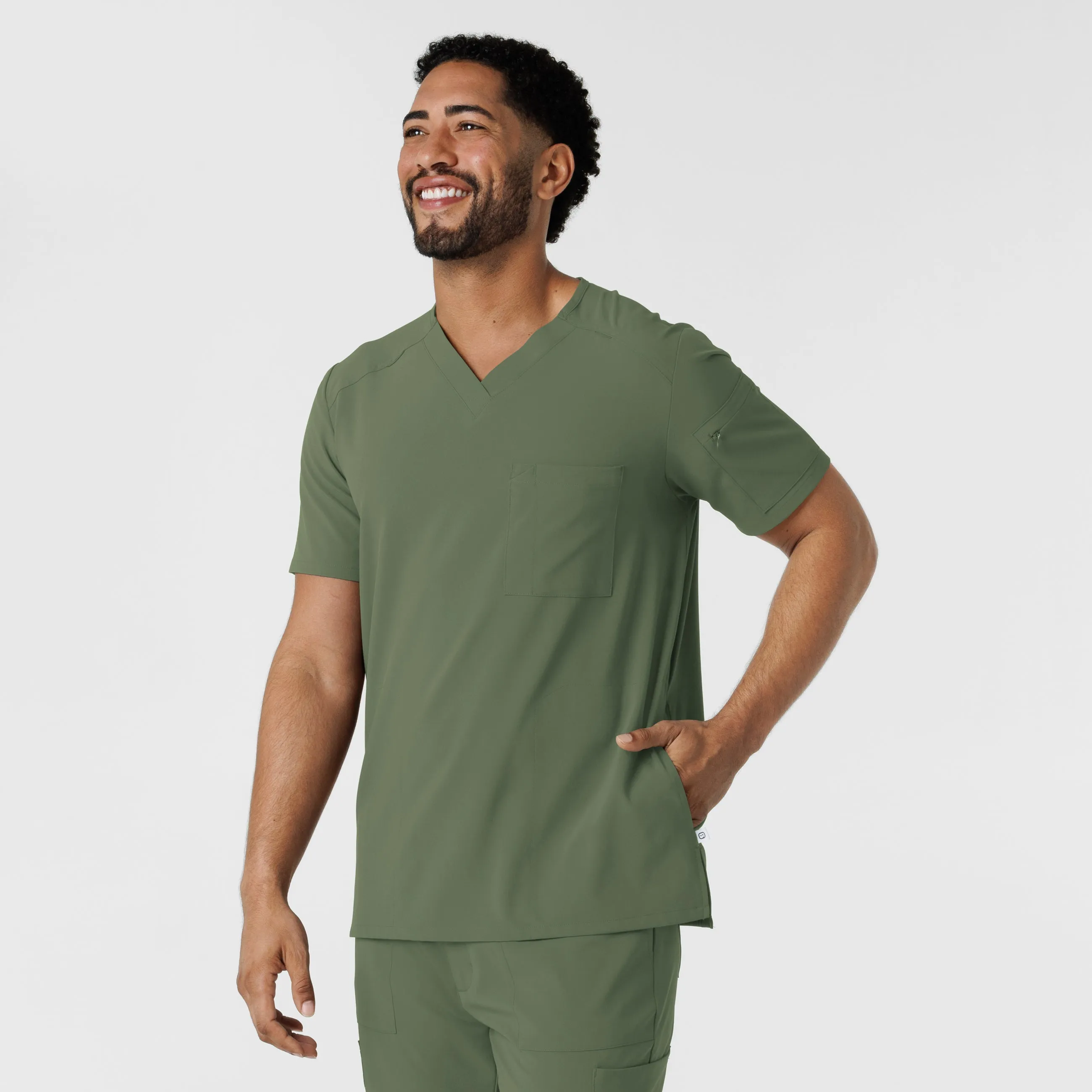 RENEW 6834 Men's V-Neck 5 Pocket Scrub Top Olive