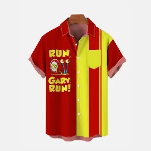 Retro Stripes Cartoon Snail Printing Breast Pocket Short Sleeve Shirt