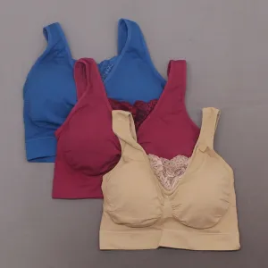 Rhonda Shear 3 Pack Cotton Blend Ahh Bras With Lace Inset Blue Multi Small