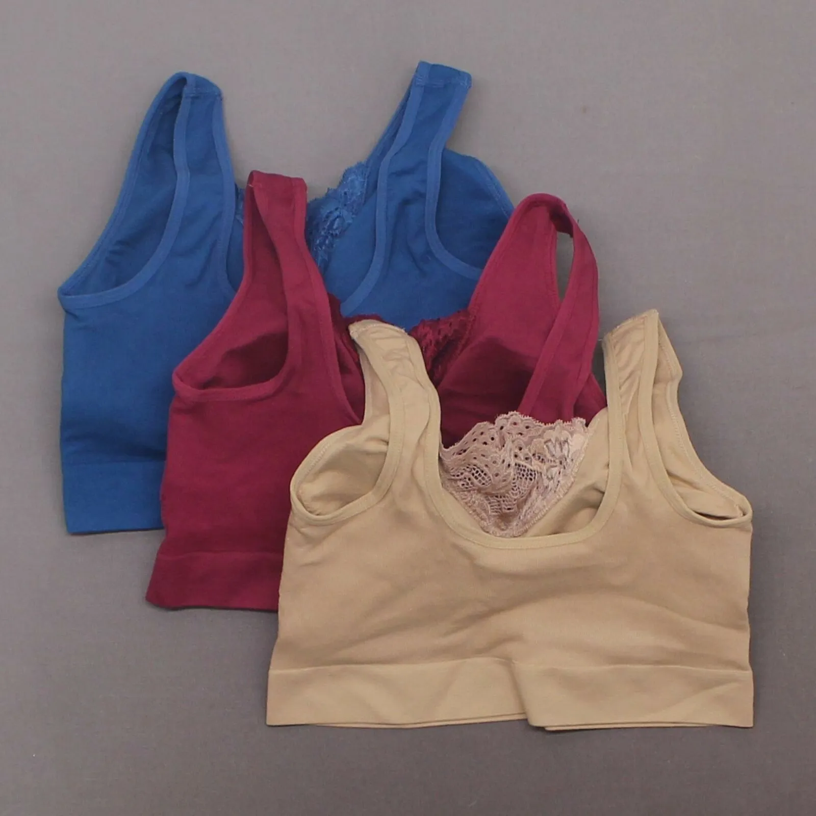 Rhonda Shear 3 Pack Cotton Blend Ahh Bras With Lace Inset Blue Multi Small
