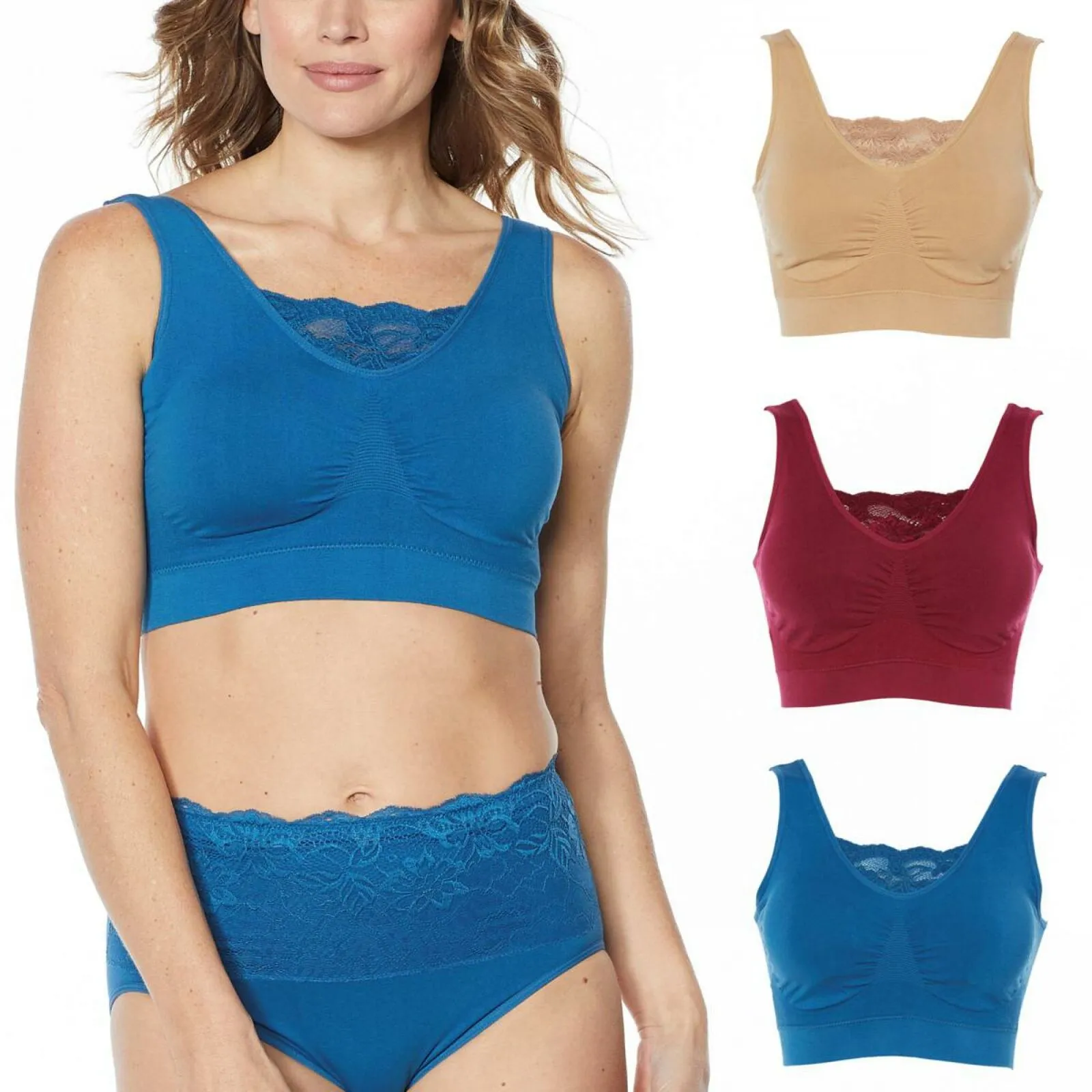 Rhonda Shear 3 Pack Cotton Blend Ahh Bras With Lace Inset Blue Multi Small