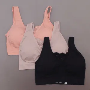 Rhonda Shear 3 Pack Plus Size Cotton Blend Bras with Lace Inset Pink Multi 2X