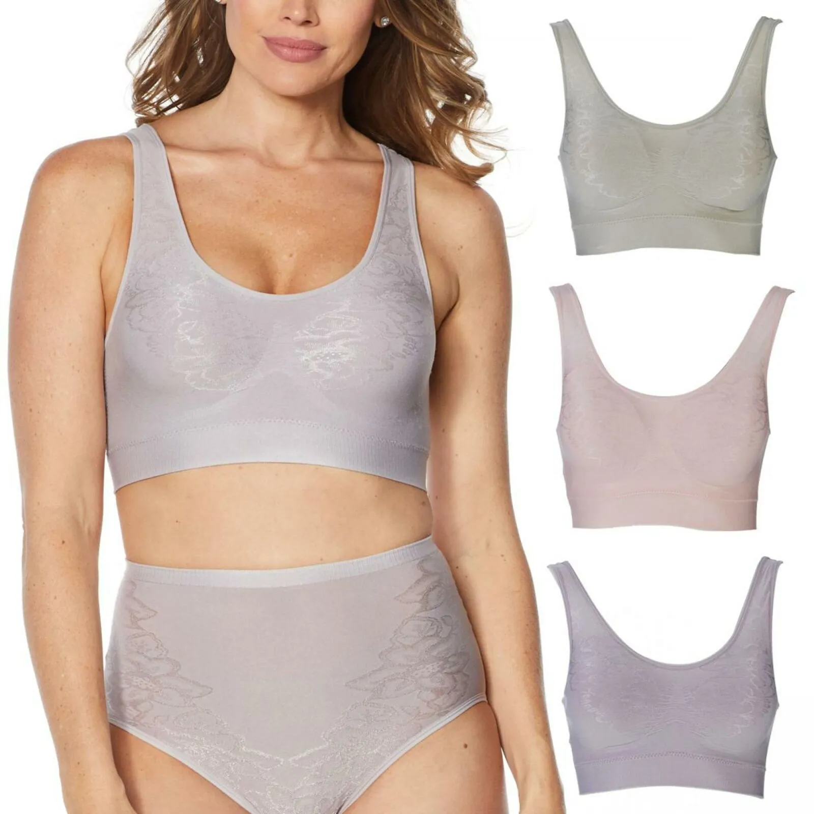 Rhonda Shear 3 Pack Removable Pads Jacquard Ahh Bras Pastels Large