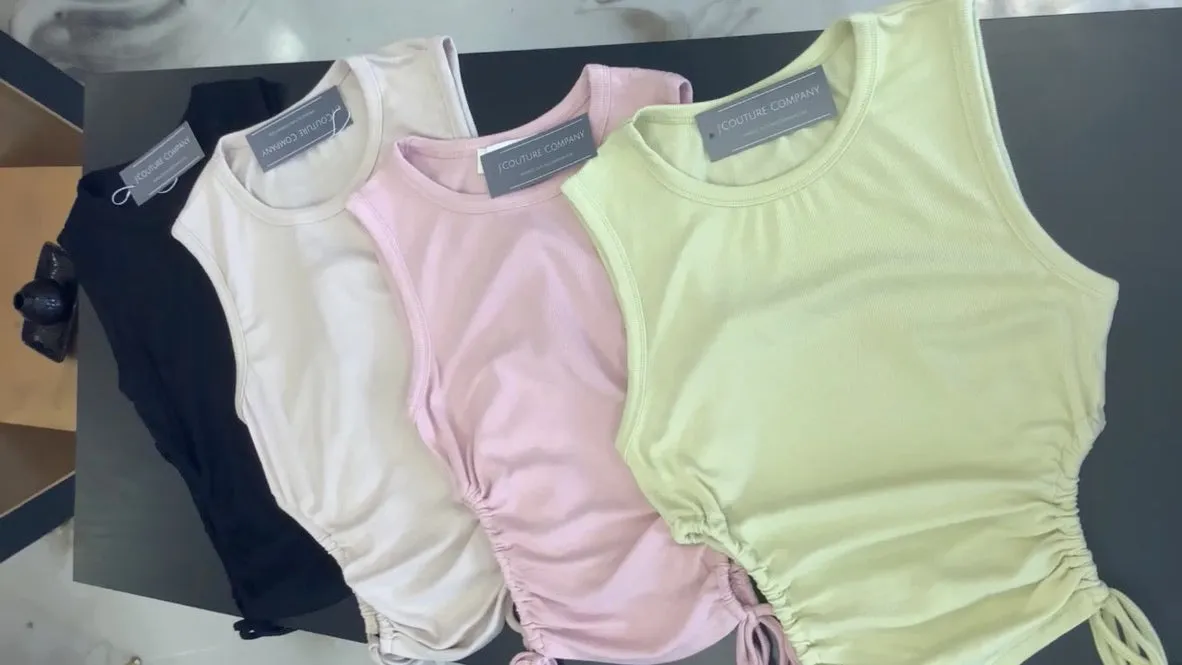 Ribbed Drawstring Open Side Top - Celery