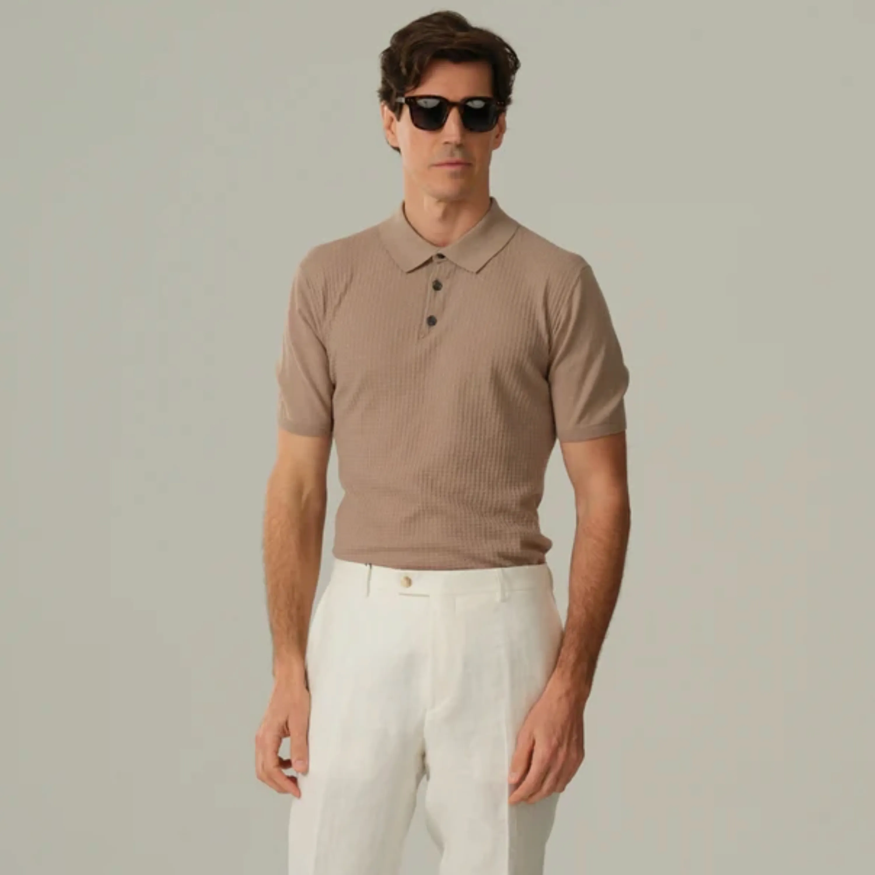 Sand Retro Cotton Knitted Polo Shirt - Beige