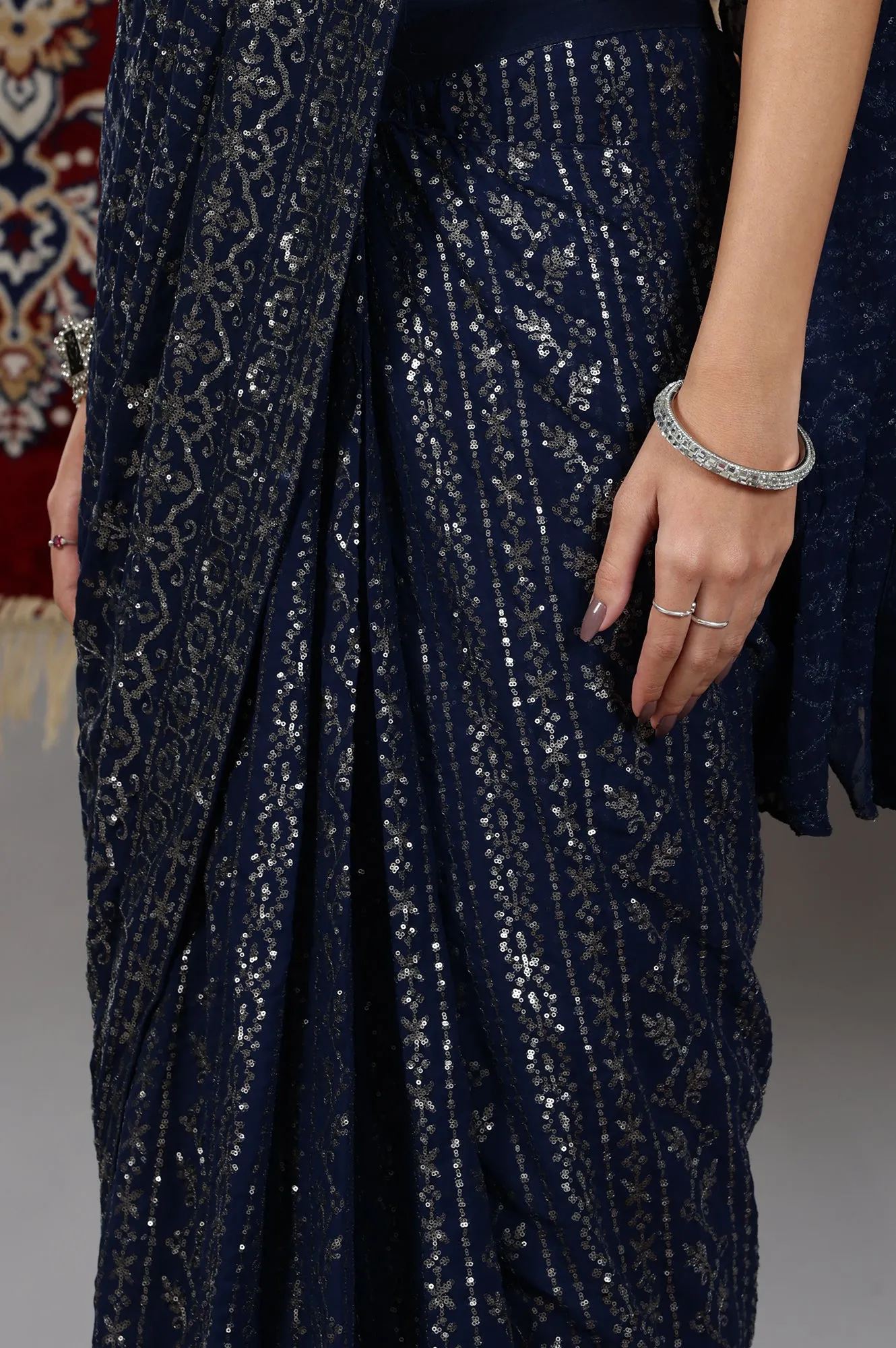 Silver and Blue Sequin Embellished Crop Top and Pre Stitched Saree Set