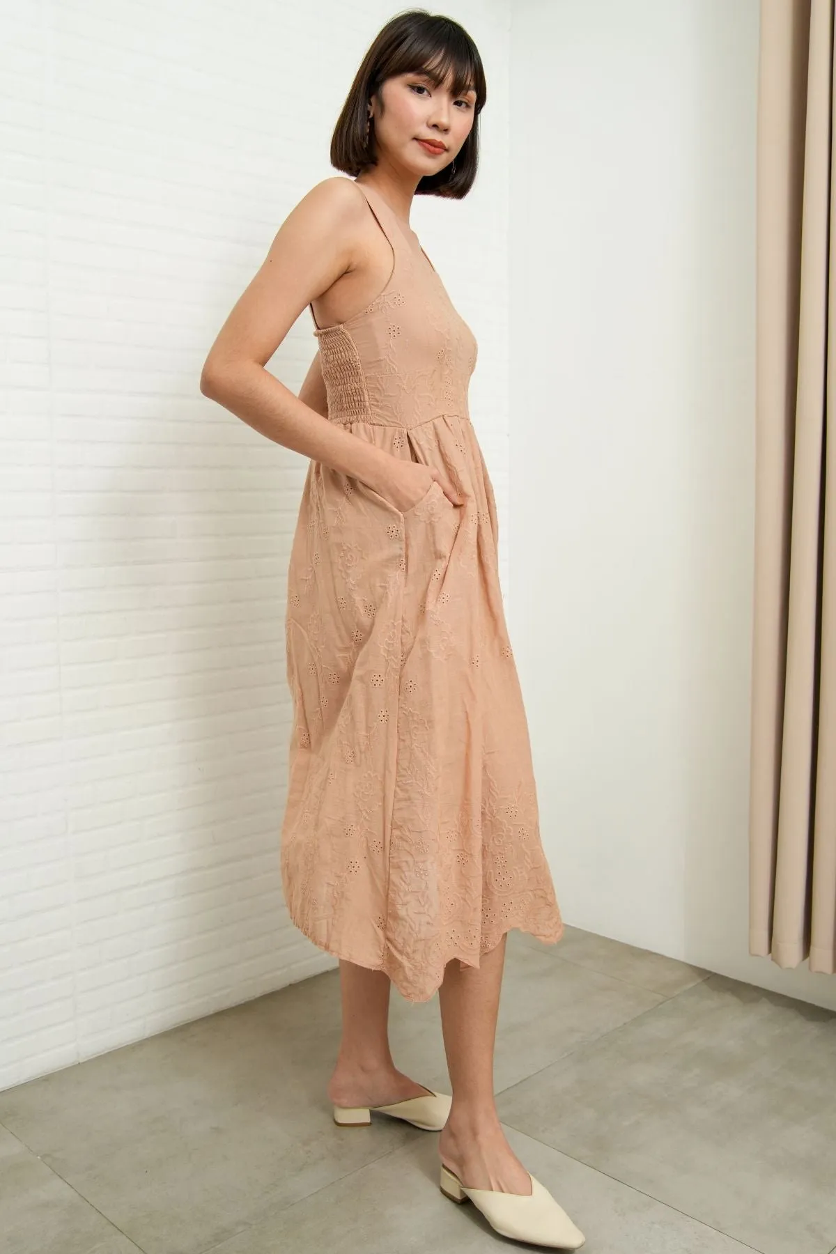 SOLEIL Sleeveless Eyelet Midi Dress (Nude)