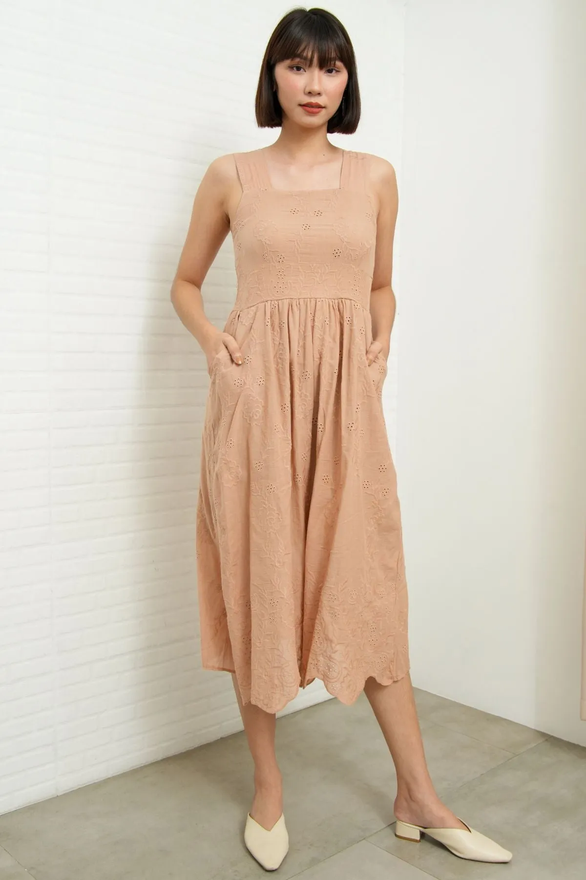 SOLEIL Sleeveless Eyelet Midi Dress (Nude)