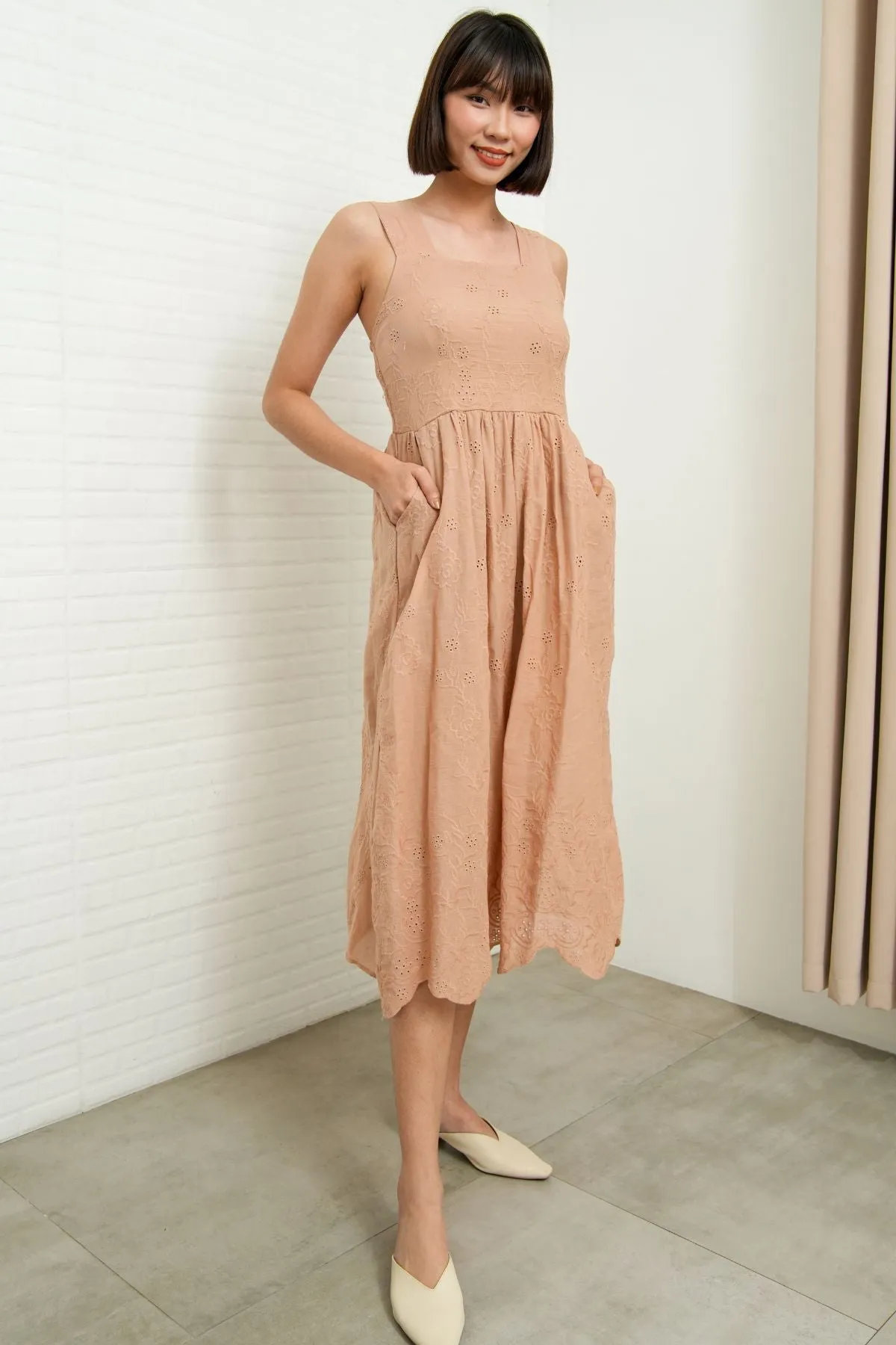 SOLEIL Sleeveless Eyelet Midi Dress (Nude)