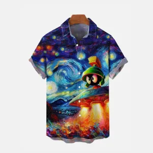 Starry Sky And Ufo Soldier Print Chest Pocket Short Sleeve Shirt
