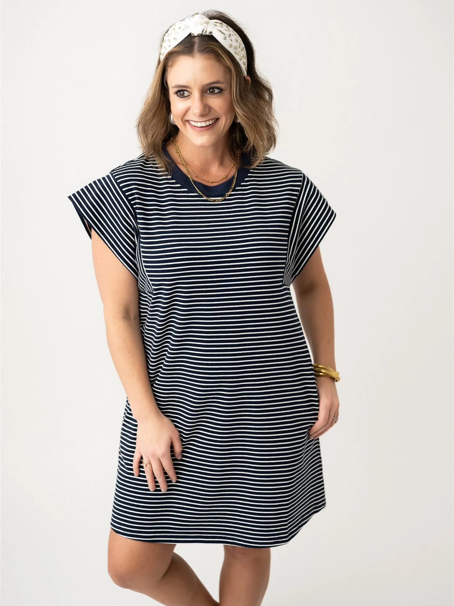 Stretch & Striped Cap Shoulder Dress