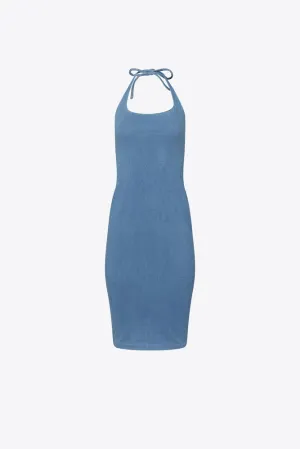 Stretch Denim Midi Halter Dress - Light Denim