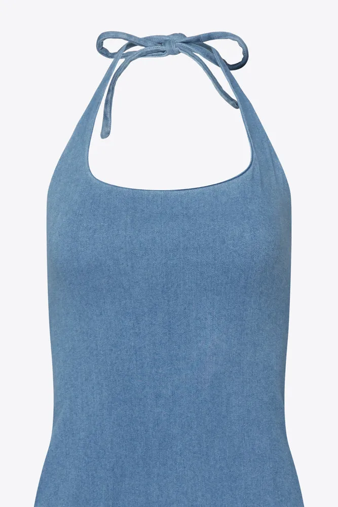 Stretch Denim Midi Halter Dress - Light Denim