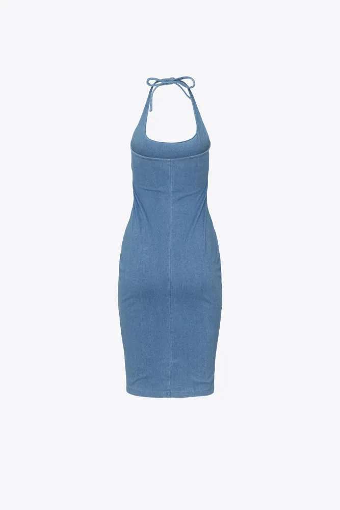 Stretch Denim Midi Halter Dress - Light Denim