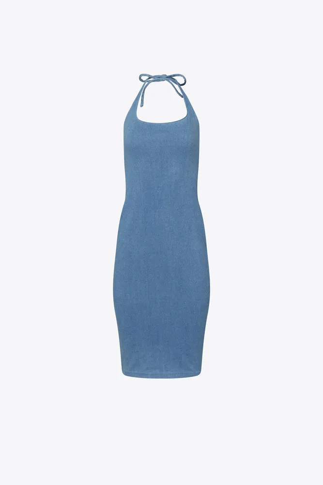 Stretch Denim Midi Halter Dress - Light Denim