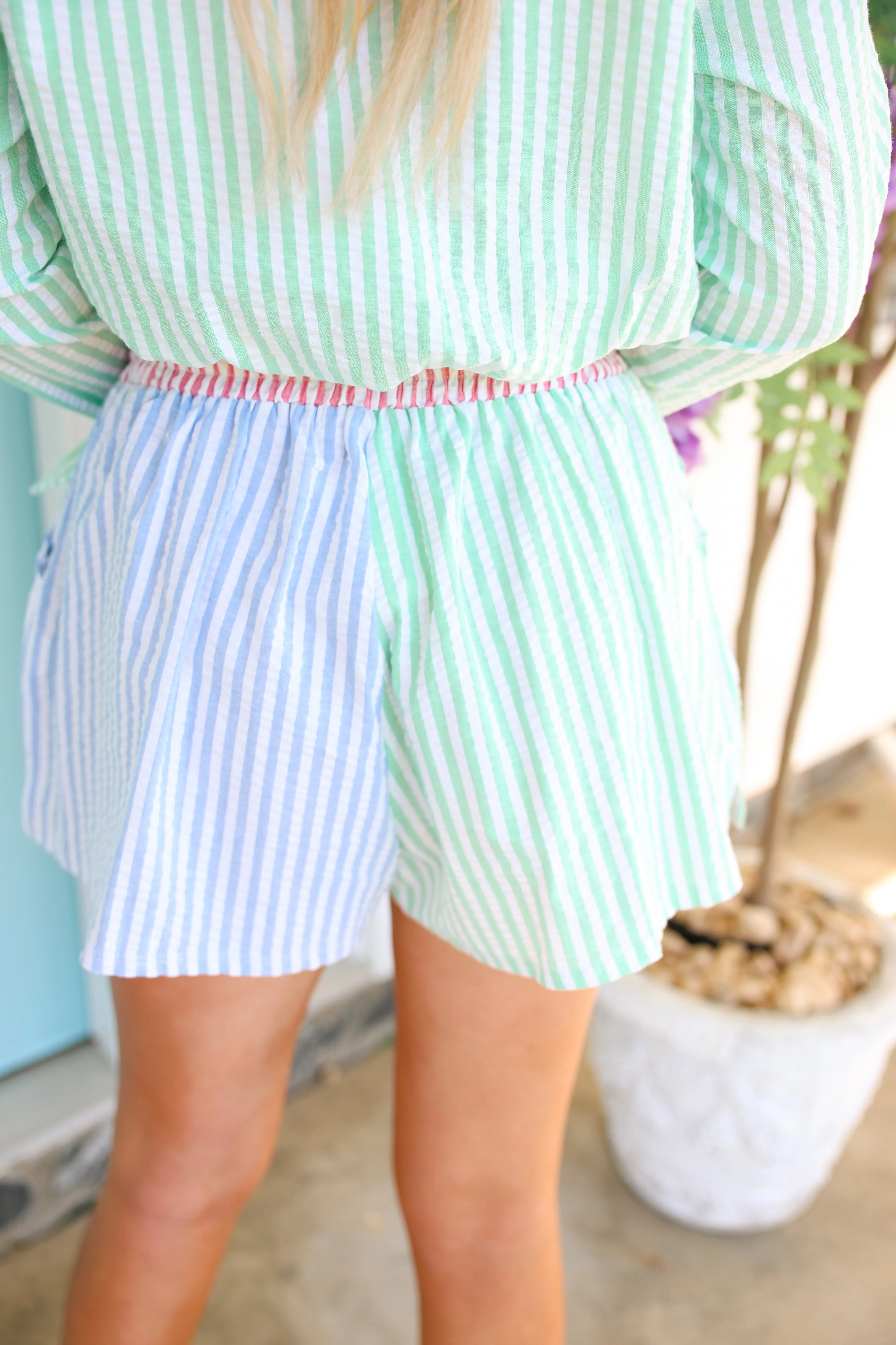 Striped Seersucker Patchwork Shorts "Sage/Sky Blue"