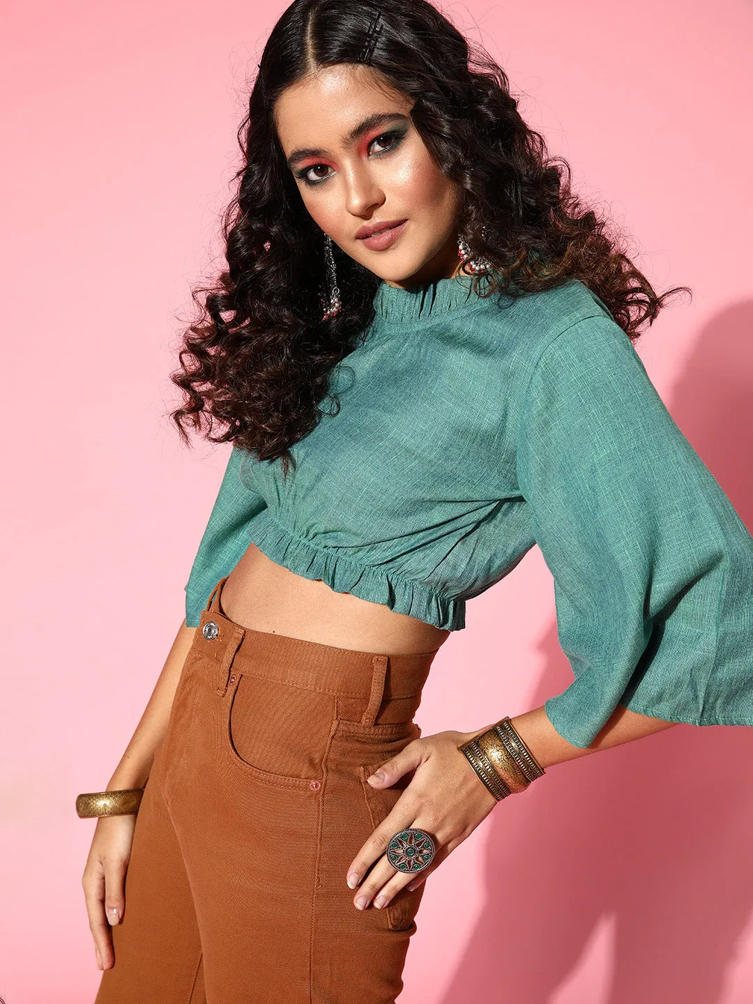 Teal Blue High Neck Crop Top