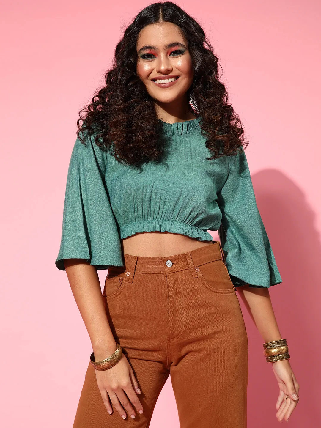 Teal Blue High Neck Crop Top