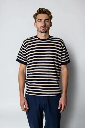 THOMAS KNITTED STRIPE T-SHIRT - NAVY/ECRU STRIPE