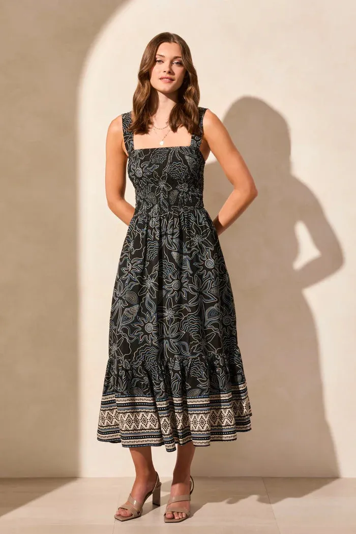 Tribal Floral Ruched Midi Dress