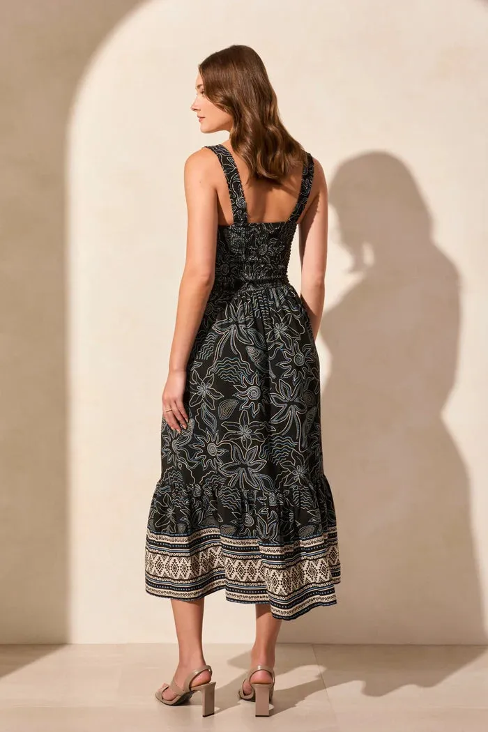 Tribal Floral Ruched Midi Dress