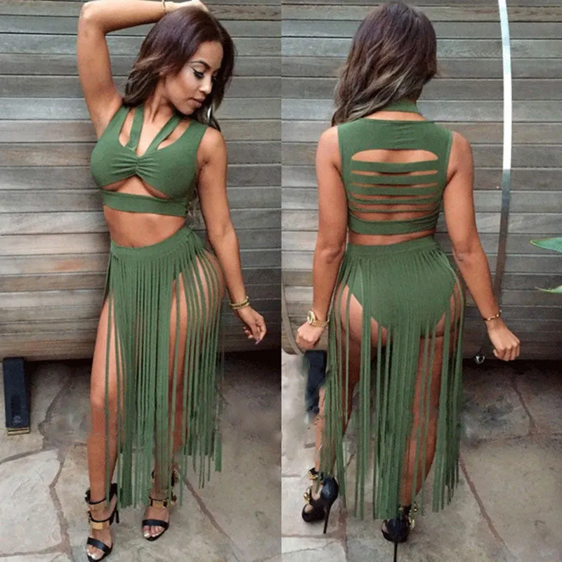 Two Piece Outfit High Waisted Tassels Bandage Dress Party Dresses