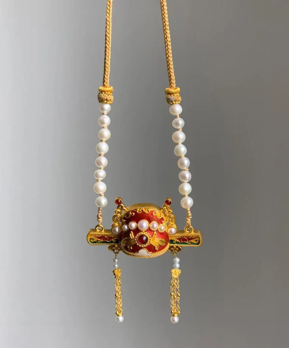 Unique Gold Sterling Silver Overgild Pearl Weavin Scholar Hat Lariat Necklace