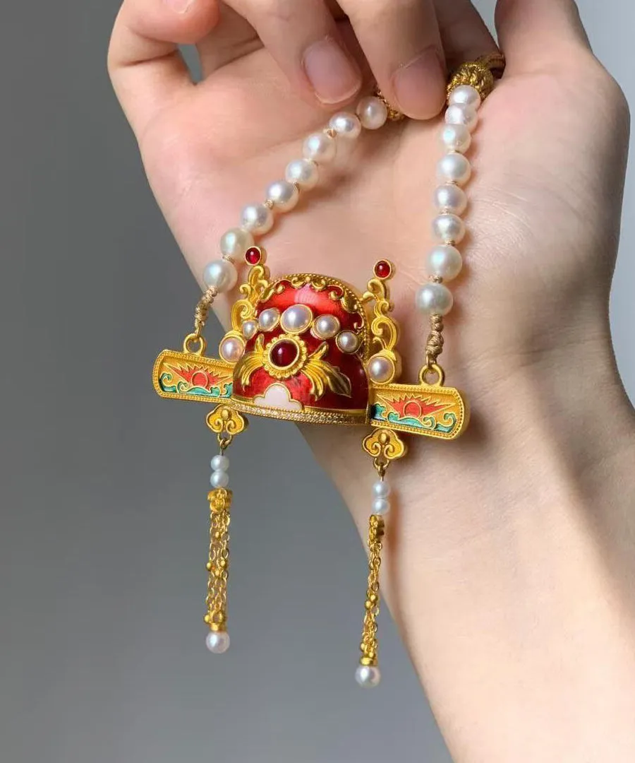 Unique Gold Sterling Silver Overgild Pearl Weavin Scholar Hat Lariat Necklace