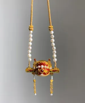 Unique Gold Sterling Silver Overgild Pearl Weavin Scholar Hat Lariat Necklace
