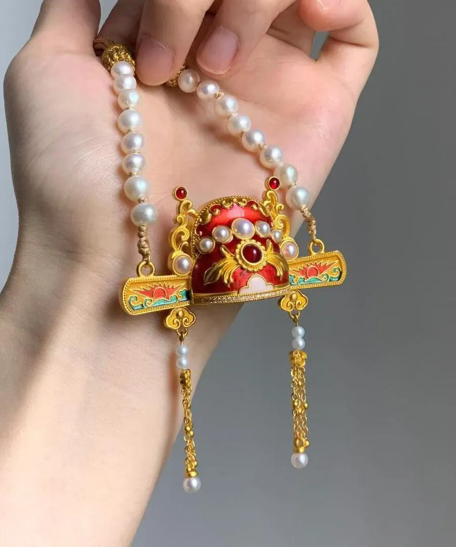 Unique Gold Sterling Silver Overgild Pearl Weavin Scholar Hat Lariat Necklace
