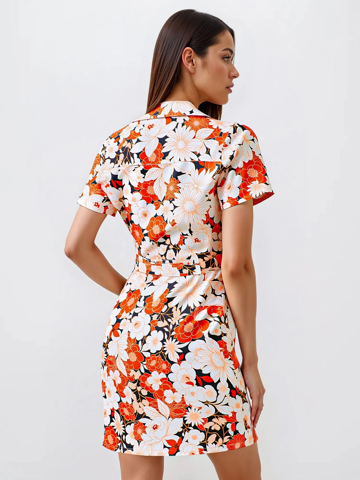 V Neck Vintage Floral Shirt Mini Dress