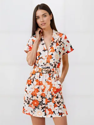 V Neck Vintage Floral Shirt Mini Dress