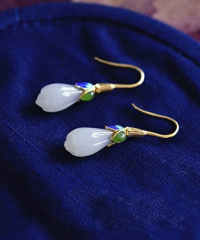 Vintage Gold Sterling Silver Overgild Jade Cloisonne Orchid Stud Earrings