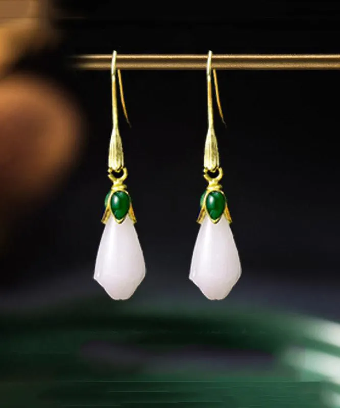 Vintage Gold Sterling Silver Overgild Jade Cloisonne Orchid Stud Earrings