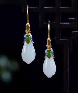 Vintage Gold Sterling Silver Overgild Jade Cloisonne Orchid Stud Earrings