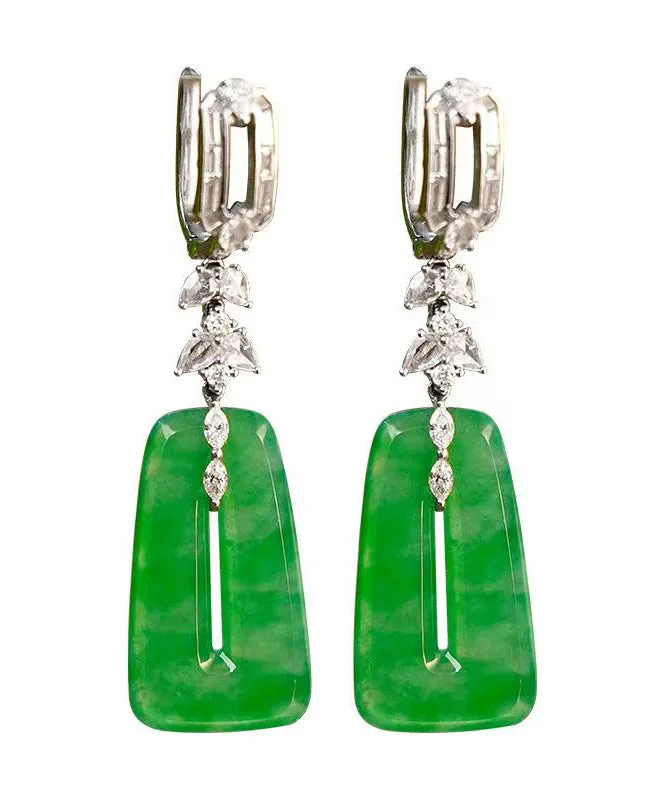 Vintage Green Sterling Silver Jade Square Hollow Out Drop Earrings