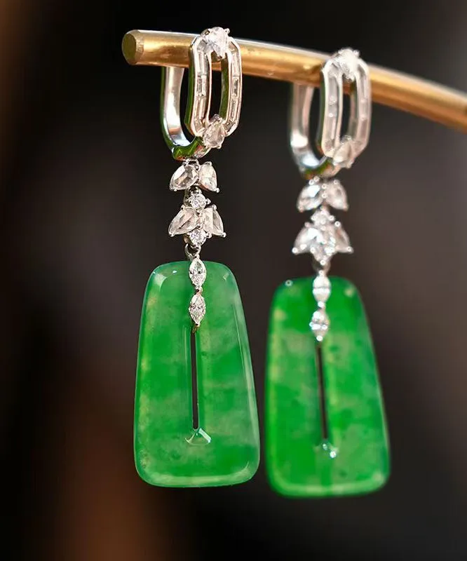 Vintage Green Sterling Silver Jade Square Hollow Out Drop Earrings